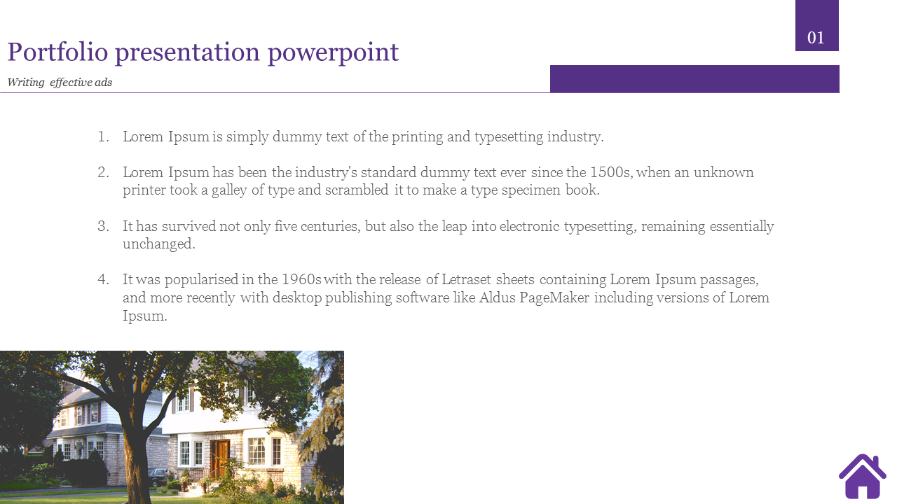 Portfolio PowerPoint slide with text listing writing effective ads, accompanied by an image of a house.