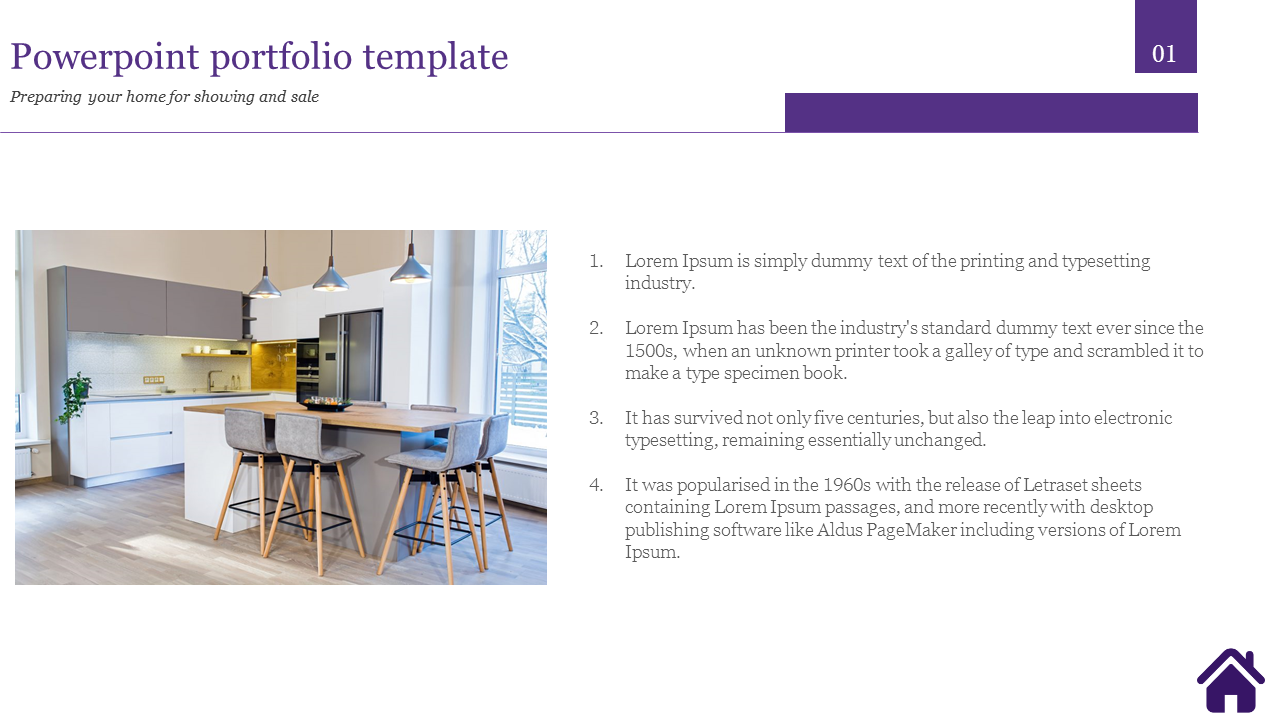 Portfolio template showcasing a kitchen with gray cabinetry and a text column detailing four points.