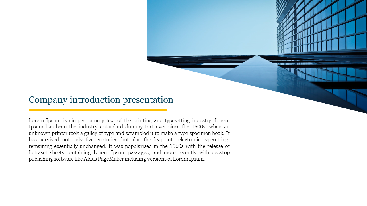 Slide featuring a company introduction with text and an image of a modern glass building against a blue sky background.