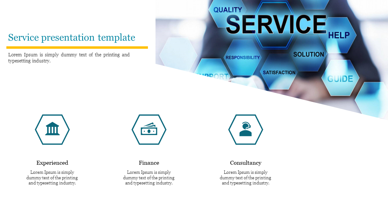 Service presentation slide with hexagonal icons representing experienced, finance, and consultancy services with icons.