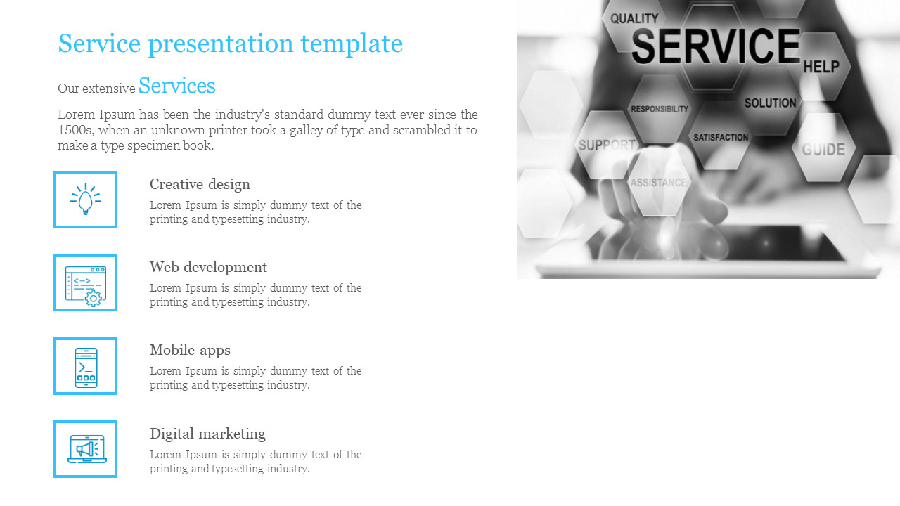 Blue and white layout with four icons and descriptions for various services and grayscale hexagon pattern on the right.