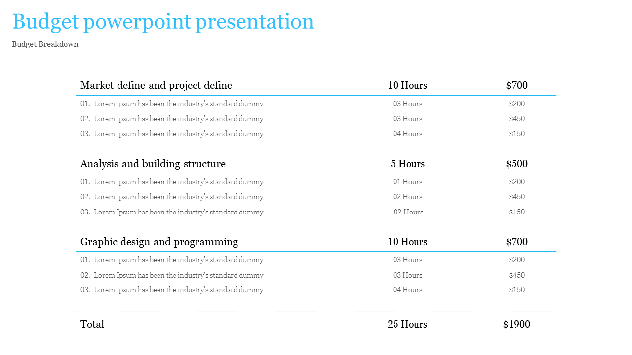 Slide shows a detailed budget breakdown for a project, including hours and costs with placeholder text.