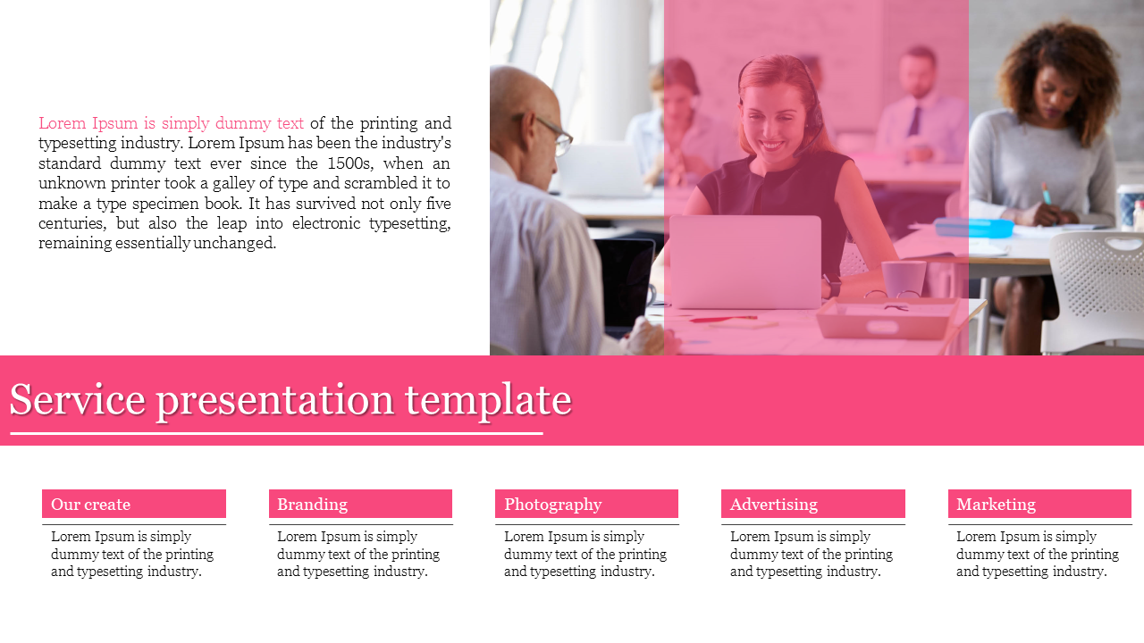 Pink themed service slide showing a smiling women facing a laptop in an office setup, and five text boxes below.