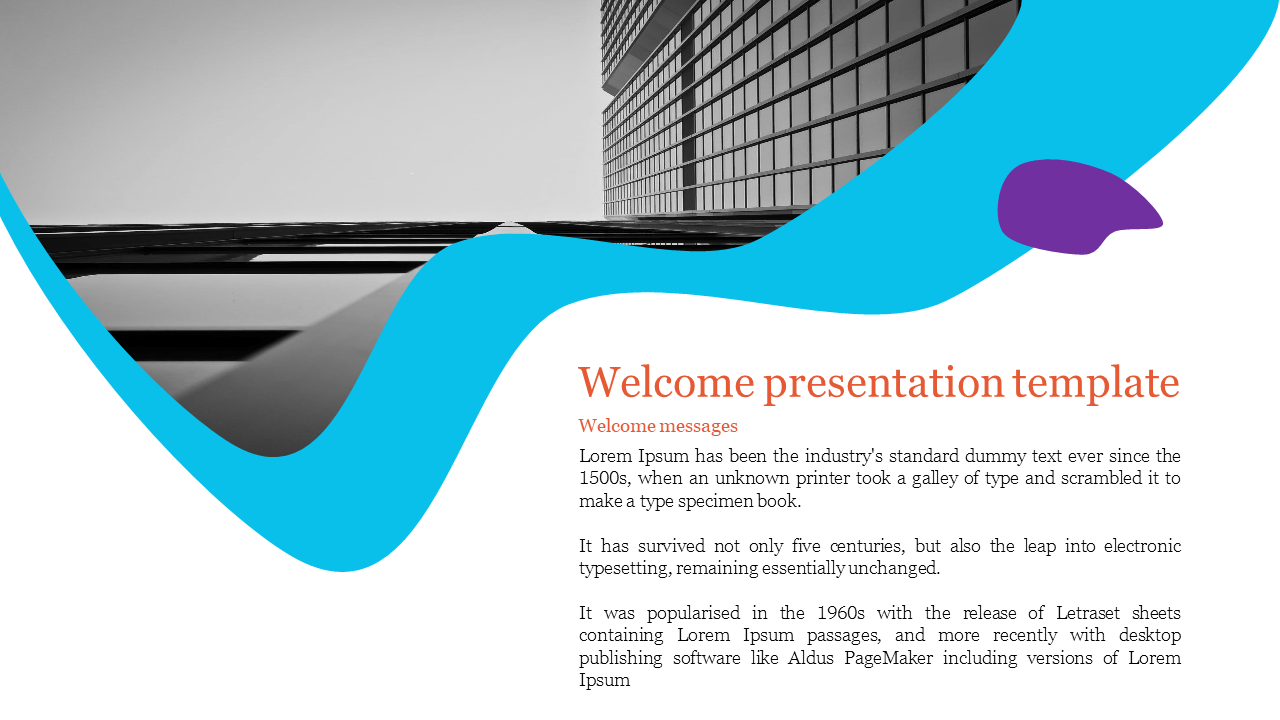 Welcome presentation slide with blue and purple abstract shapes, featuring a monochrome building image and orange text.