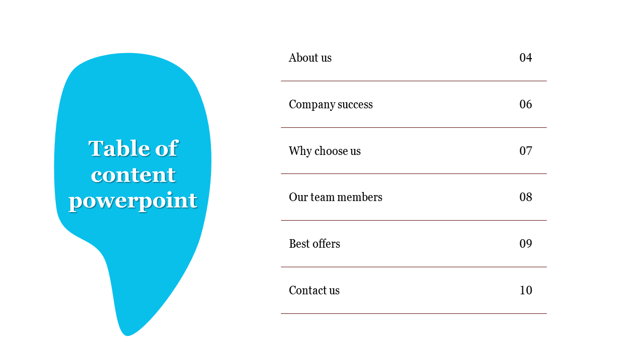 Table of contents PowerPoint slide featuring company topics and page numbers.