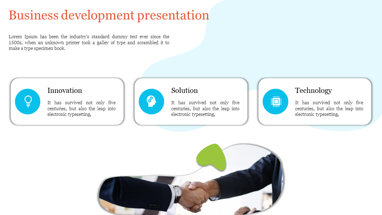 Business development slide with orange title, three white rounded boxes with blue icons, and a handshake image at the bottom.