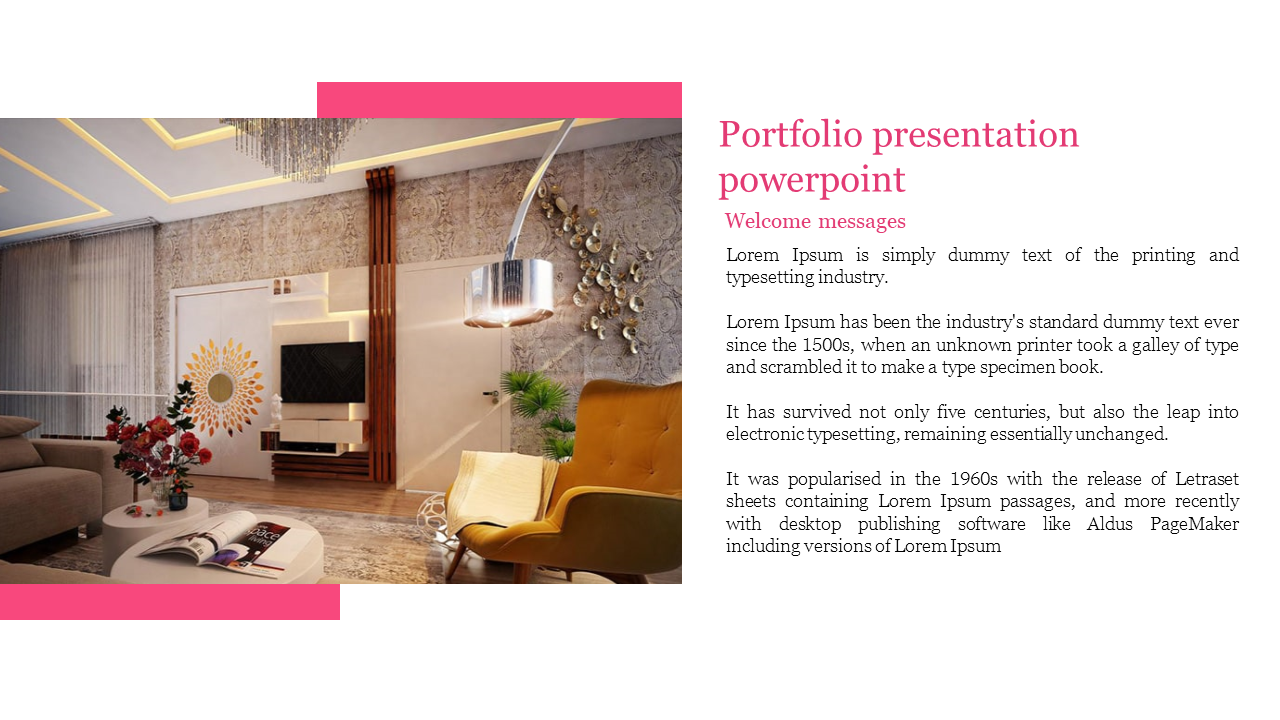 Interior design portfolio PowerPoint template with a stylish living room and a modern decor theme.