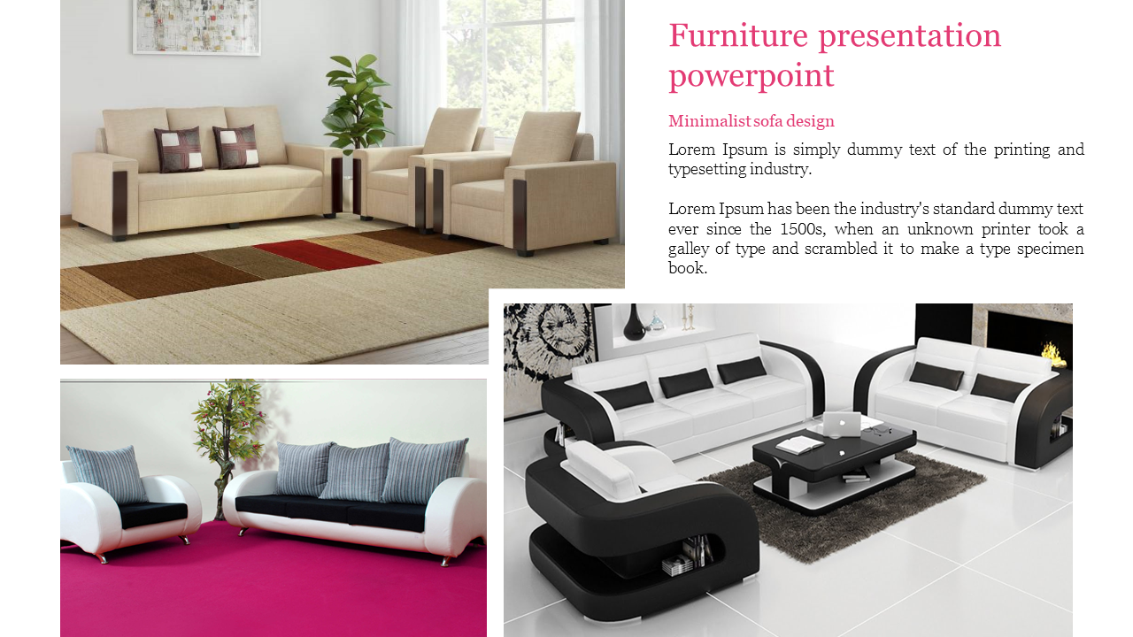 Collage of three sofa images in different rooms, with text discussing minimalist furniture design.