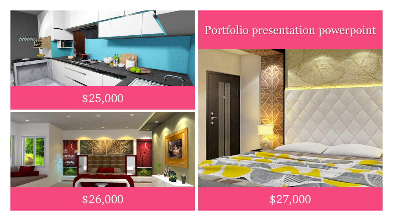 Interior design portfolio showcasing a modern kitchen, bedroom, and living space with pricing details.