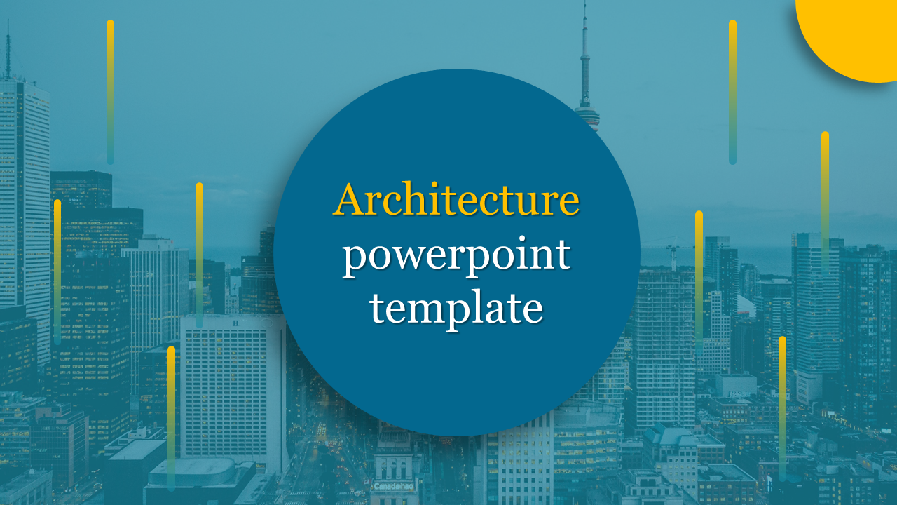 Modern architecture PowerPoint template with a city skyline background and colorful geometric design.