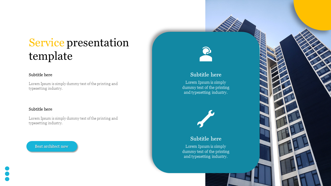 Service PowerPoint template with subtitles, icons, and a skyscraper background.