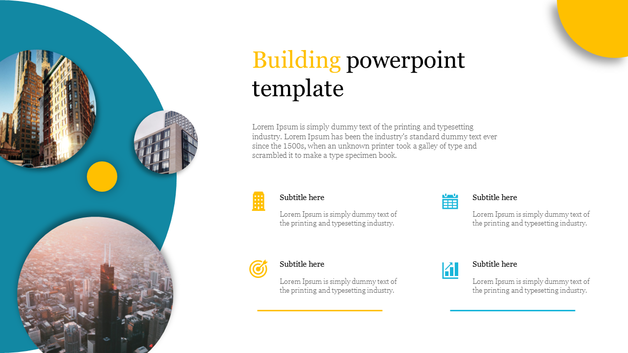 Building PowerPoint template with colorful circles, building images, and icons with placeholder text.