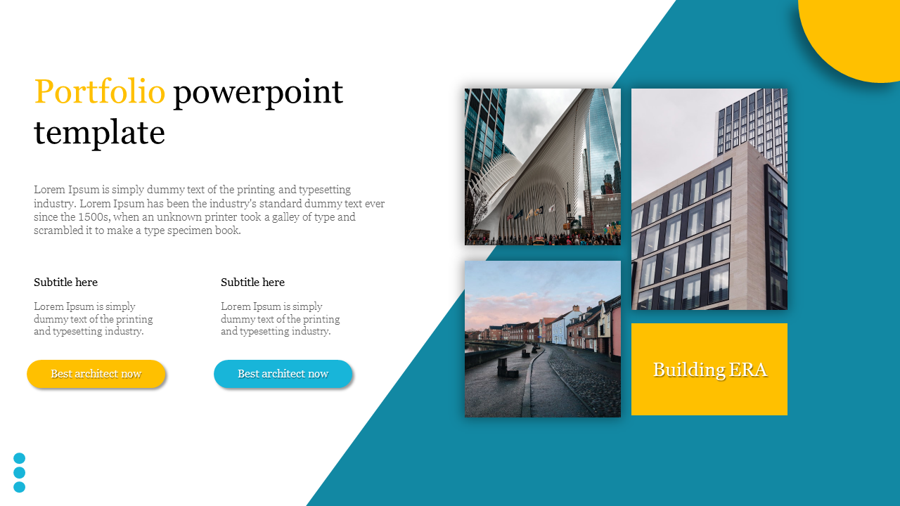 Portfolio PowerPoint template featuring images of modern and historical buildings with placeholder text.