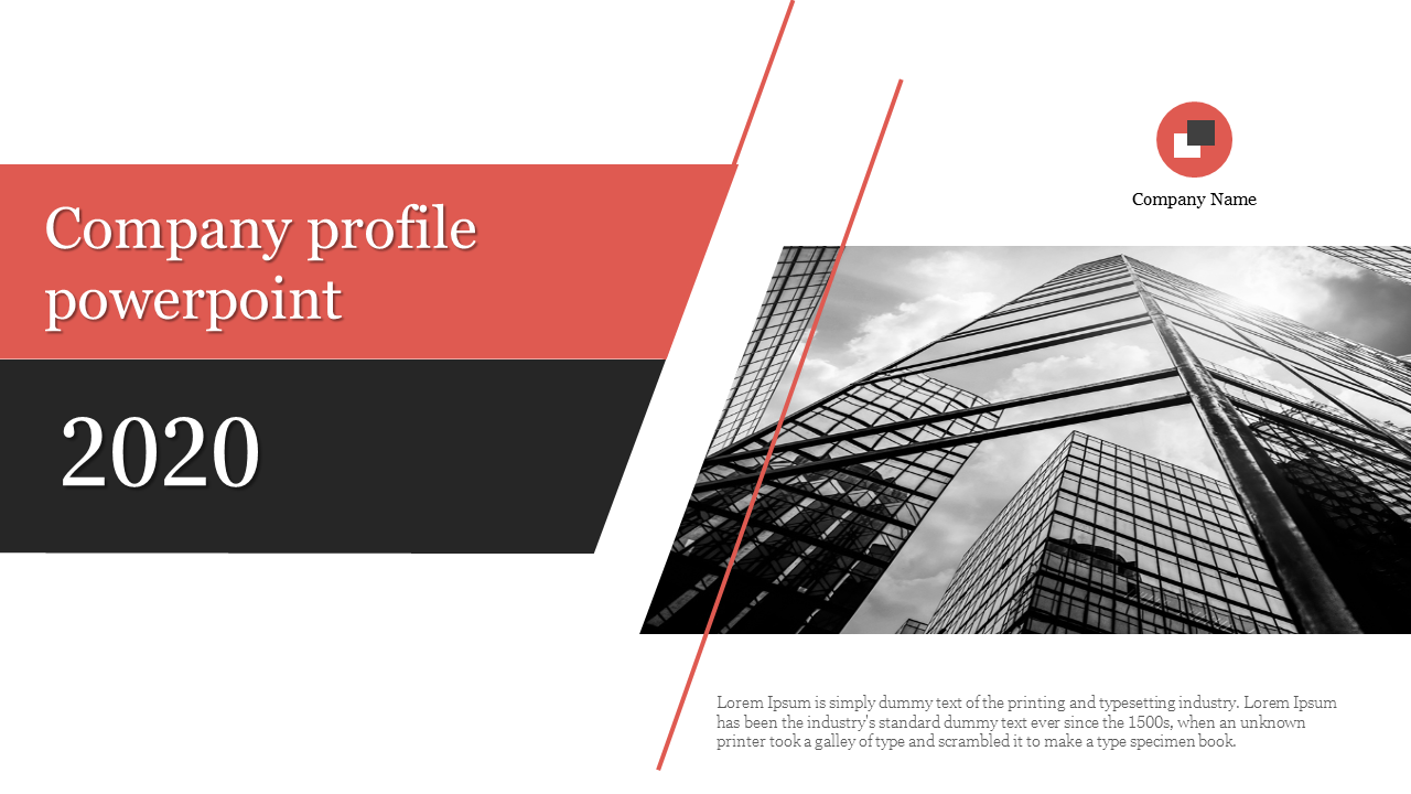 Company profile slide with dynamic angles, featuring a city building photo, and a red and black layout for the year 2020.