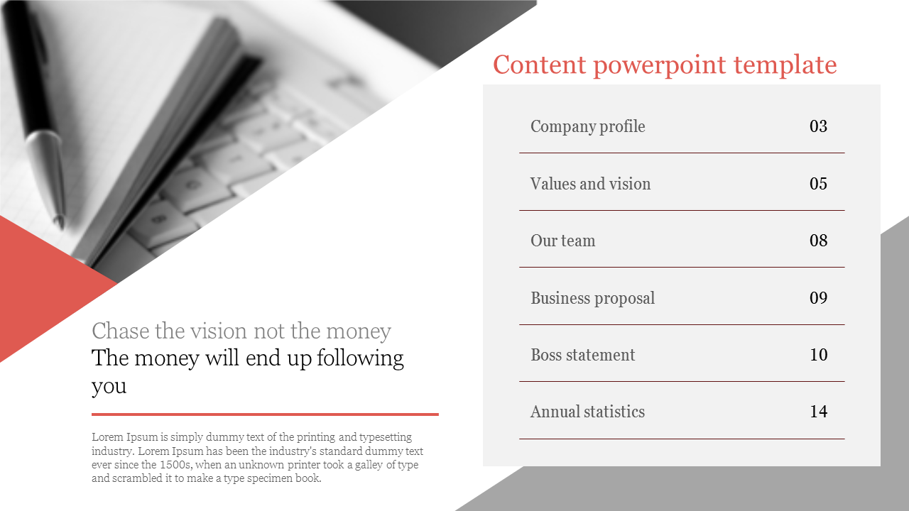 A content PowerPoint template featuring a pen and keyboard, with sections for company profile, values, and team.