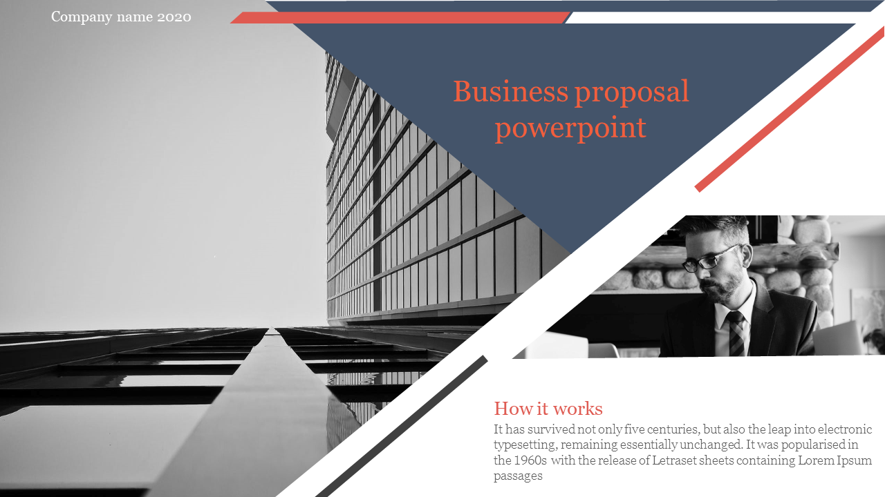 Business proposal slide with geometric design elements, featuring a photograph of an office building and a seated man.