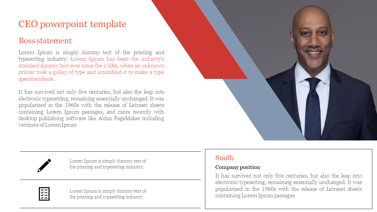 Professional CEO slide featuring a formal statement section, profile image, and details with icons and text area.