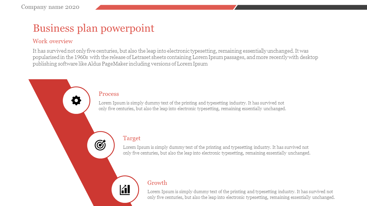 Business plan PowerPoint slide with a V shaped layout, displaying process, target, and growth steps.