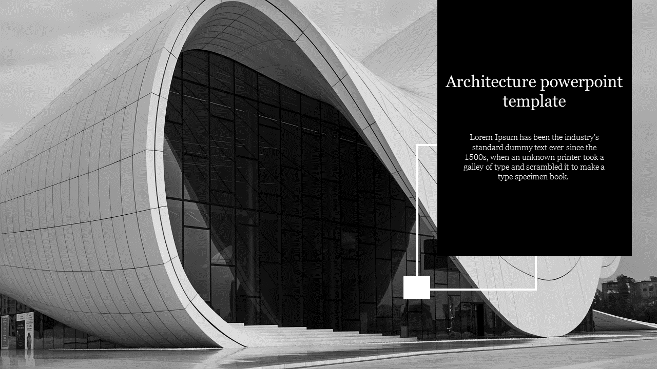 Monochrome image of a modern, curved building with a black text box containing details on the right.