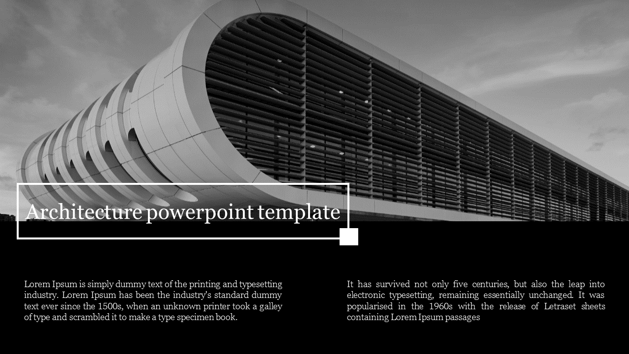 Architecture PPT slide featuring a modern building with a geometric design and text about the history of typesetting.