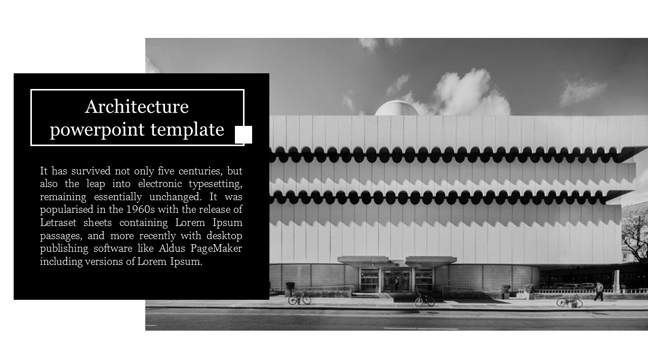 Architecture template showcasing a modern building design with black and white color scheme and a structured text box.