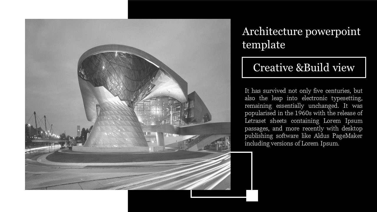 Modern architecture PowerPoint template featuring a sleek, futuristic building in black and white.