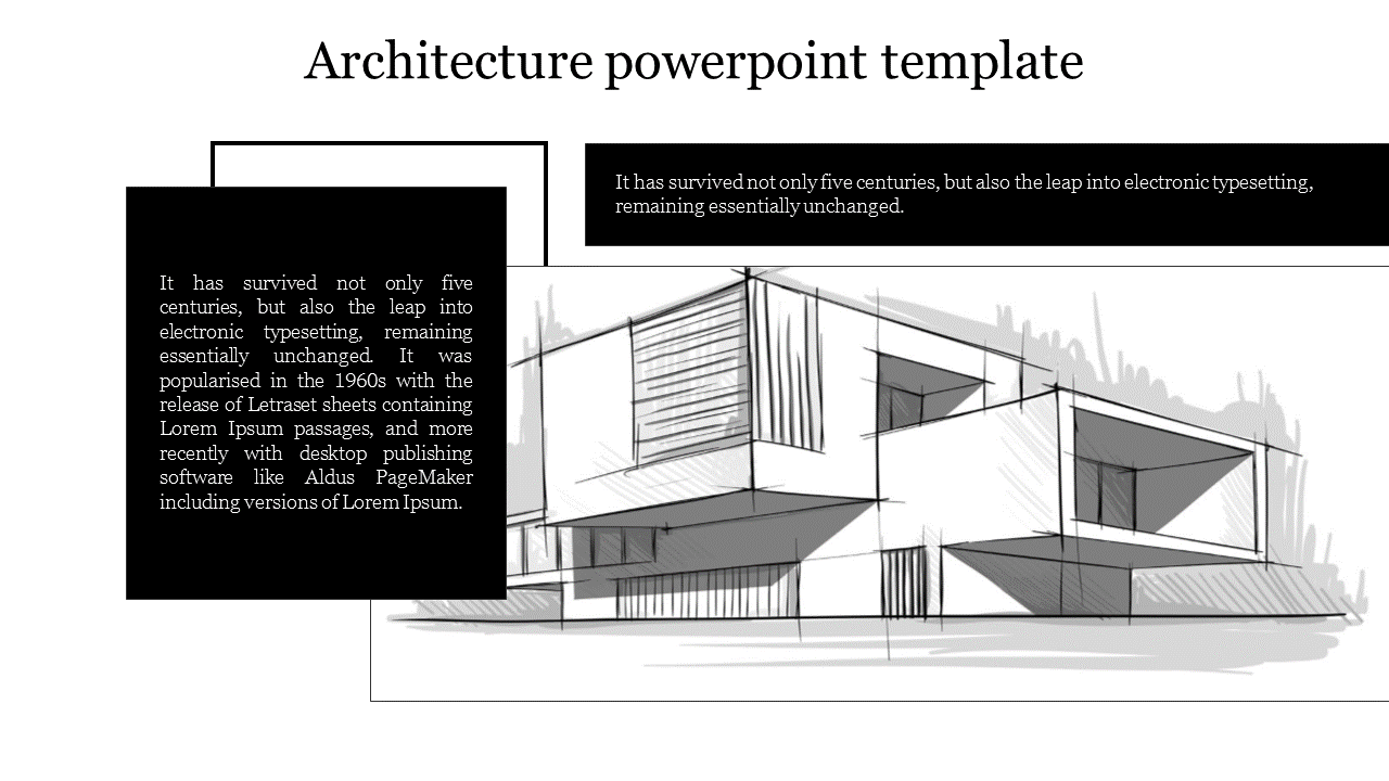 Architectural design slide with a sketch of a modern building and two placeholder text boxes on the left side.