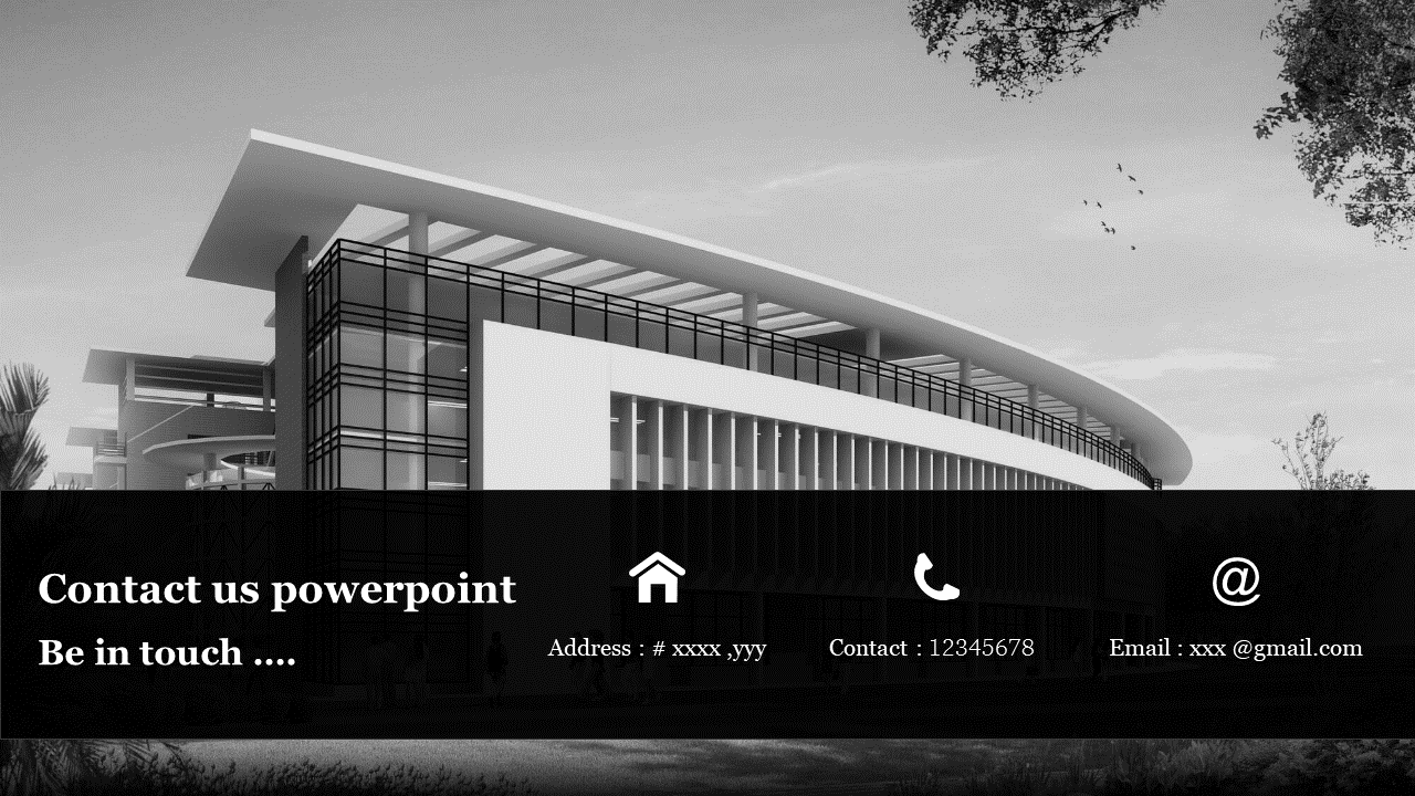 Slide with black and white architectural building background and contact information icons below.