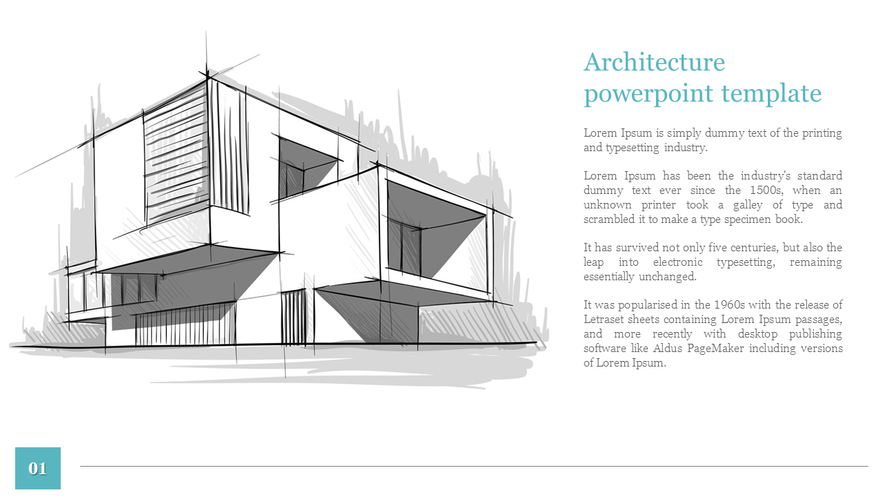 Slide from an architecture presentation displaying a pencil sketch of a building and placeholder text.