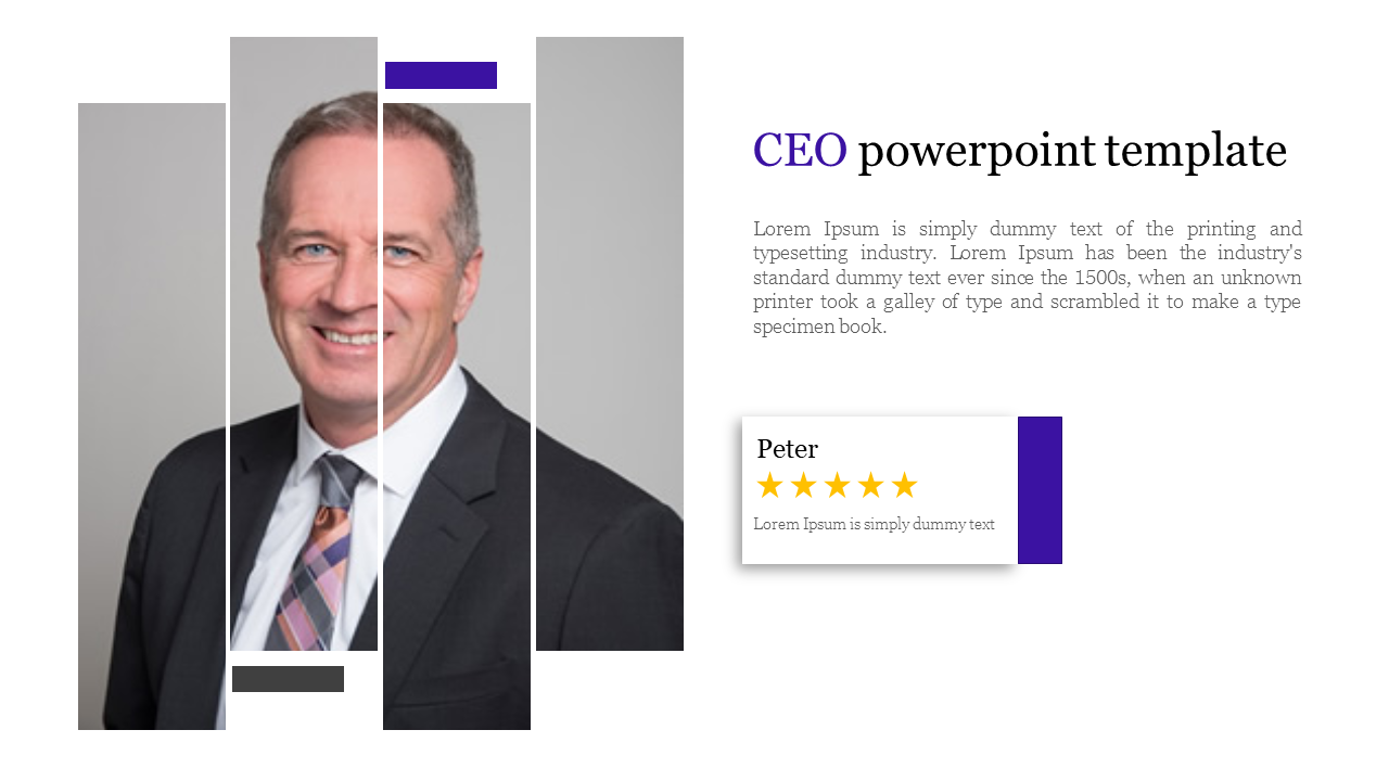 CEO portrait split into several vertical rectangles, with text and a star rating box with blue accents, on the right.