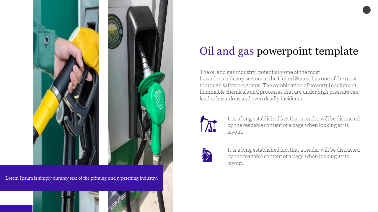 Oil and gas slide showing fuel pumps in yellow and green, with text detailing industry safety and operations.