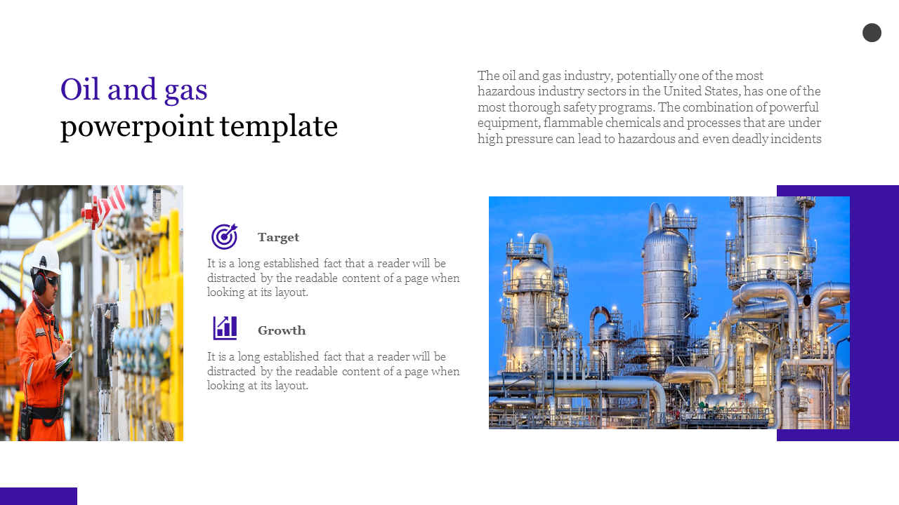 Oil and gas industry slide with images of a worker and refinery, accompanied by text sections on target and growth.