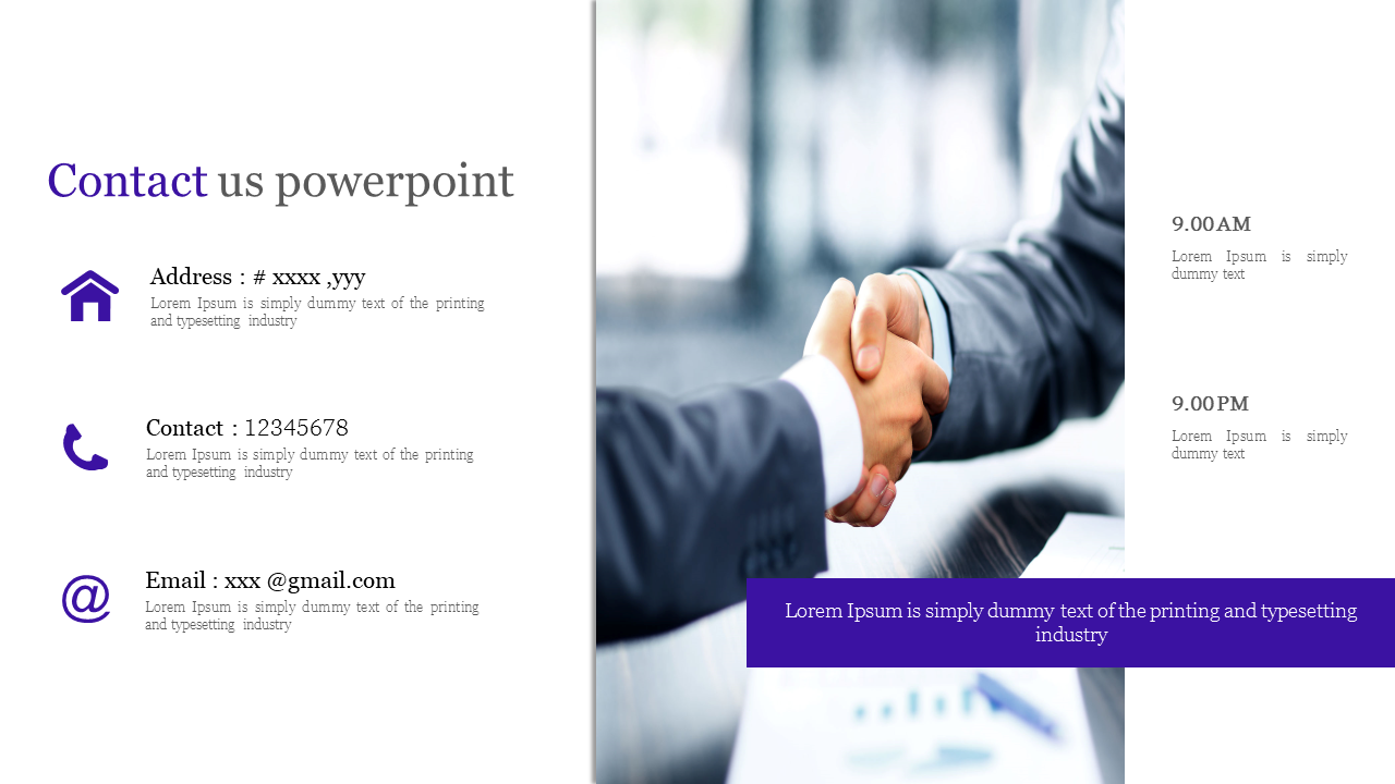 Purple themed contact information slide with icons for home, phone, and email, alongside a business handshake image.