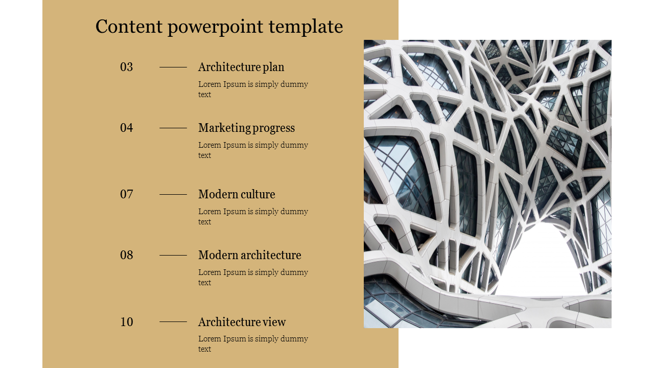 Content PowerPoint template showcasing sections like from architecture plan to view with a modern architectural image.