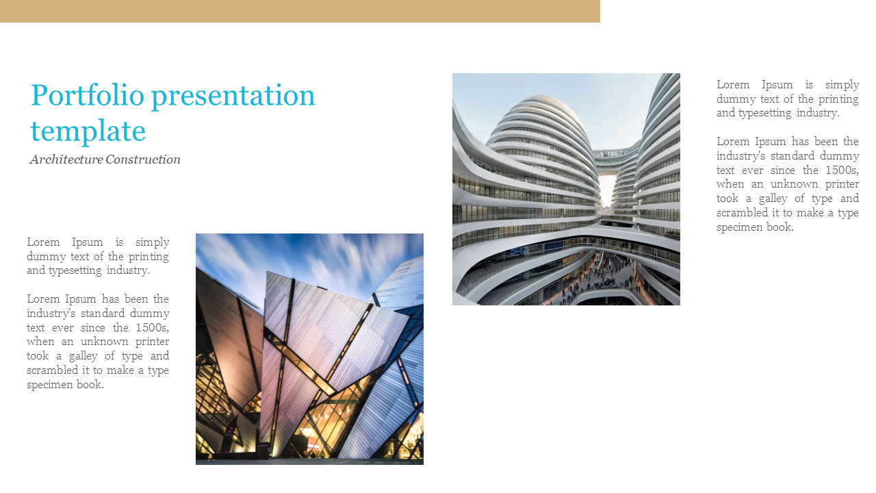 Portfolio presentation template with architecture and construction theme, showcasing images of modern buildings and text.