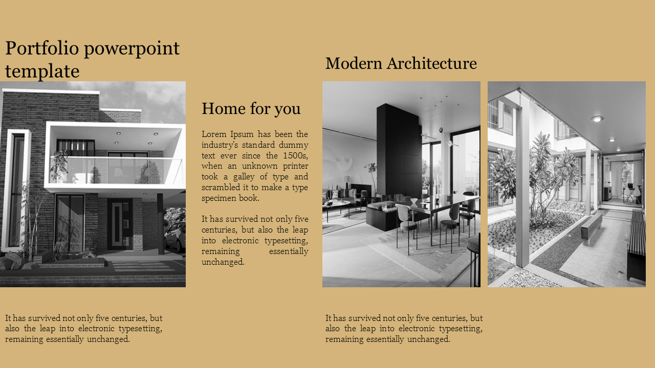 Portfolio slide with a black and white home exterior and modern interior architecture images, with beige background.