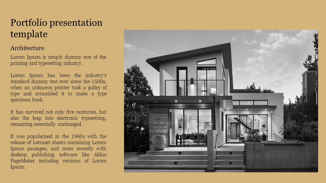 Portfolio template with a beige background, featuring an architectural home image and sections for text.