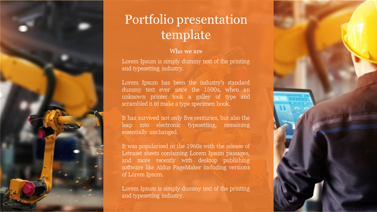 Portfolio slide with a centered orange text box and two images showing industrial robots and a worker with a tablet, 