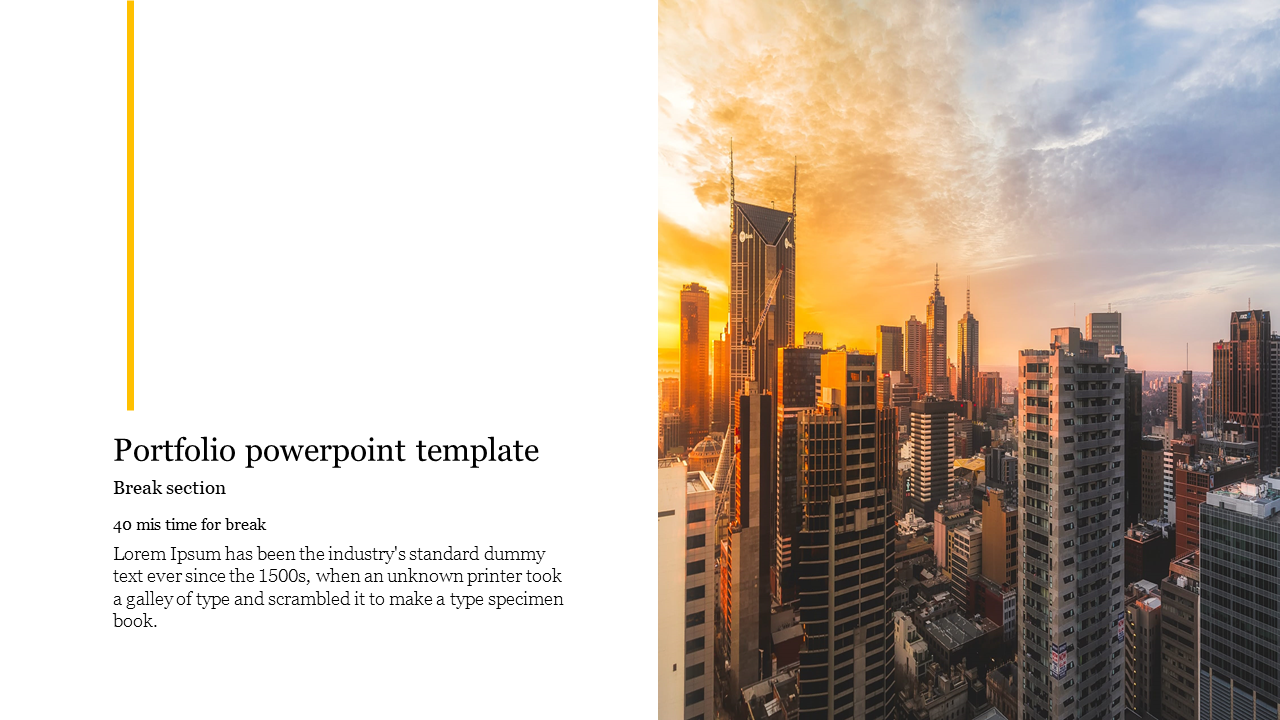 Portfolio template with a city skyline at sunset background and a yellow vertical accent on the left.