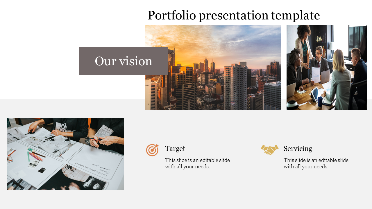 Portfolio PPT slide featuring images of a city skyline, a business team in discussion, and icons representing vision.