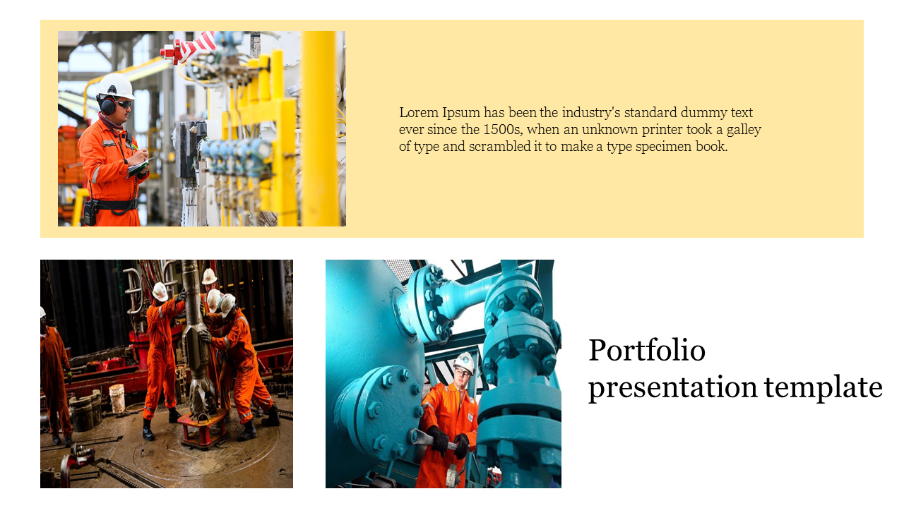 Portfolio presentation template showing images of workers in safety gear and industrial equipment, with a placeholder text.