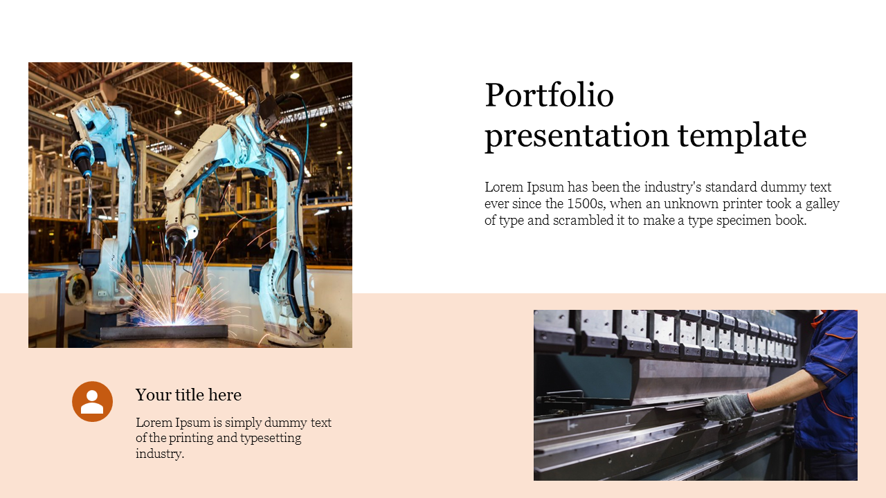 Industrial themed portfolio slide with two images of robotic arms and text section in light pastel orange.