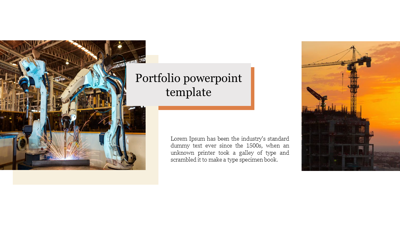 Portfolio PowerPoint slide featuring robotic arms welding and a construction site with a sunset and placeholder text.