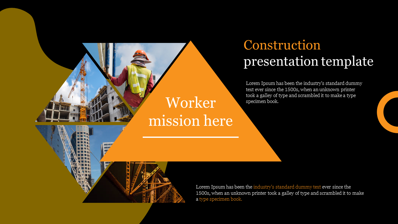 A slide with construction images, a worker mission section, and Lorem Ipsum text on a dark backdrop.