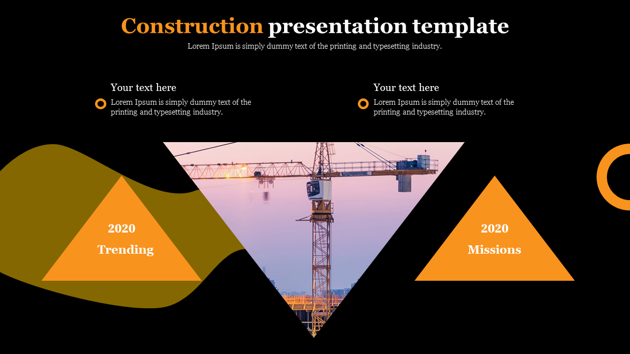 Dark themed construction layout with two orange triangles and a crane image, flanked by text sections on the left and right.