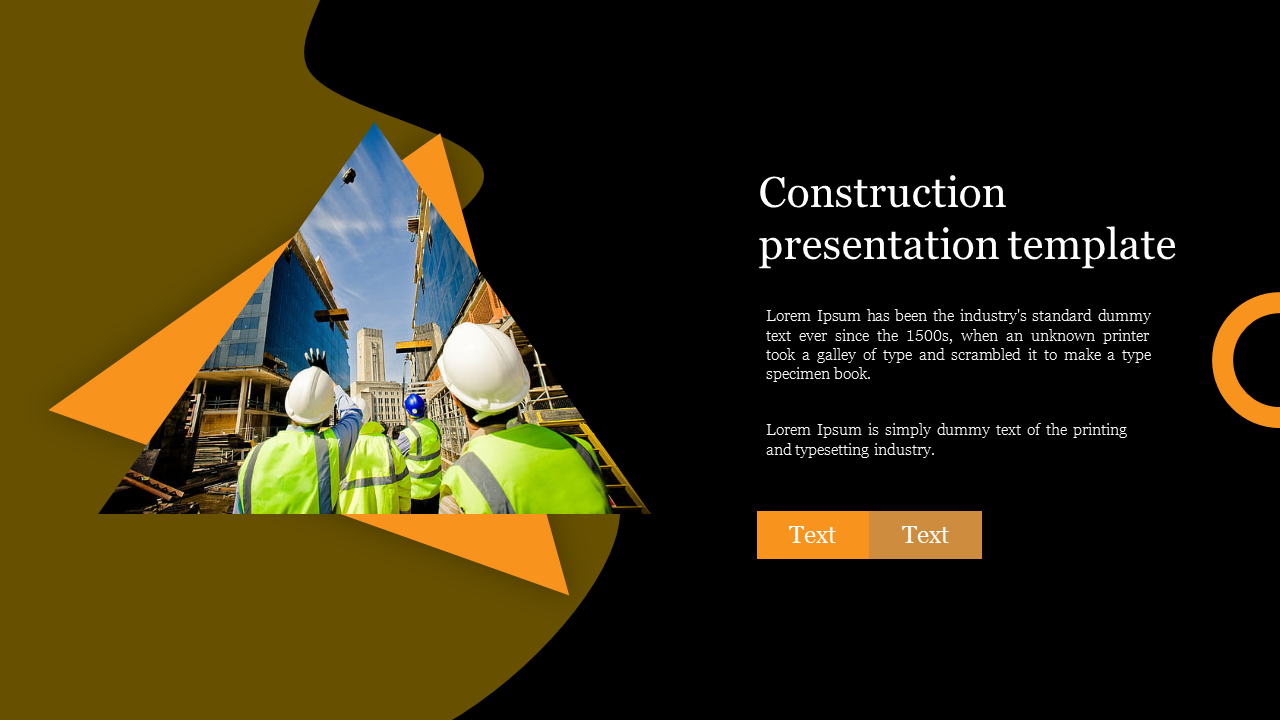 Construction slide featuring an image of workers in safety vests and helmets, with text areas on a dark background.