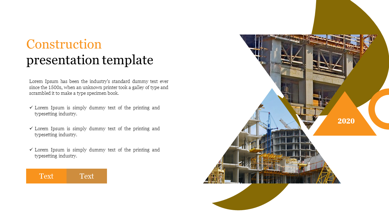 Construction Presentation slide with construction images, triangular sections, and Lorem Ipsum text.