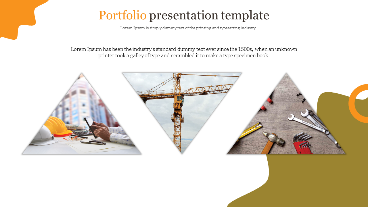 Portfolio presentation template with construction themed images in triangular frames and placeholder text.