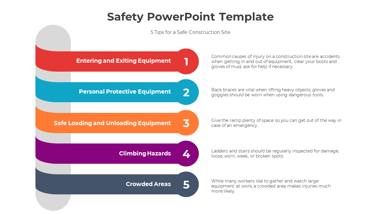 Five horizontal colored bars with rounded ends, numbered and labeled with construction site safety tips.