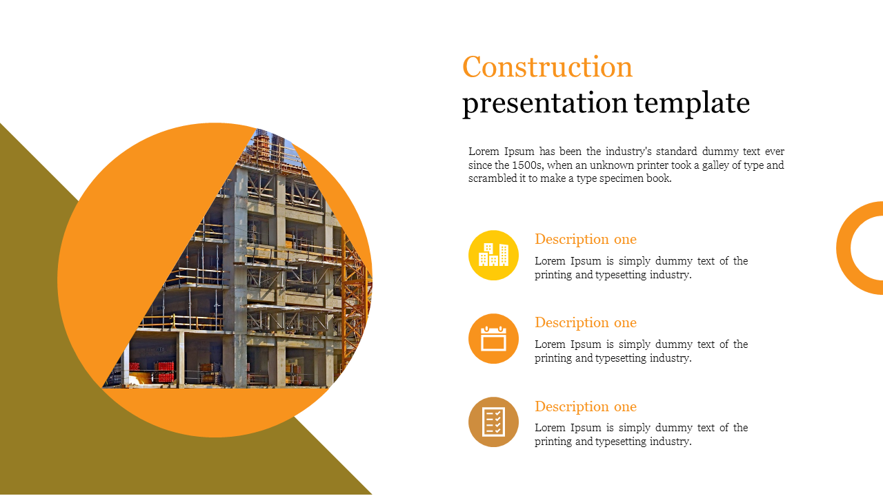 Construction-themed slide with a building image in an orange circle on the left and three orange icons with text areas.